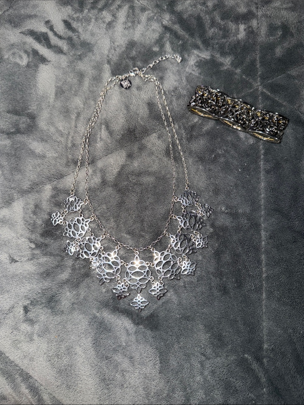 White House Black Market Silver Filigree Statement Necklace and Bracelet
